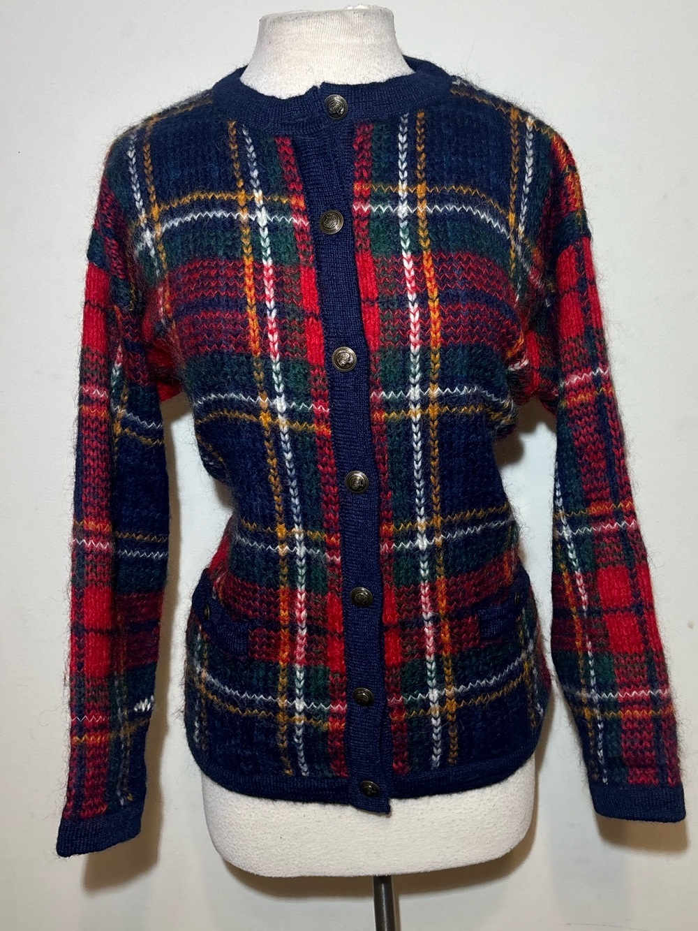 Classic Navy & Red Plaid Women's Cardigan Sweater